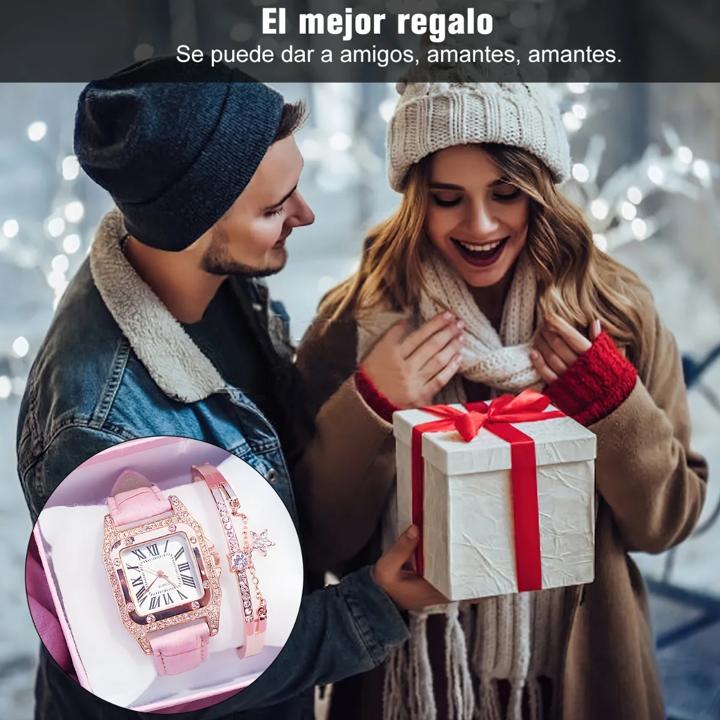 Reloj Con Correa Diamantes Moda Para dama & brazalete - Rosa