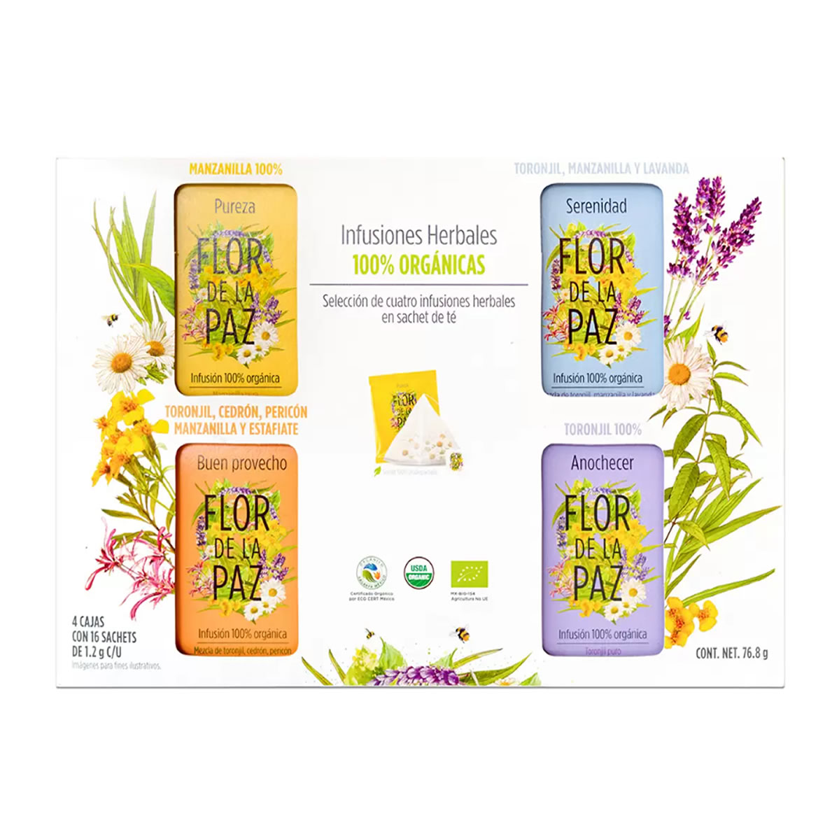 Flor de La Paz Té Orgánico kit 4 cajas con 16 sachets c/u