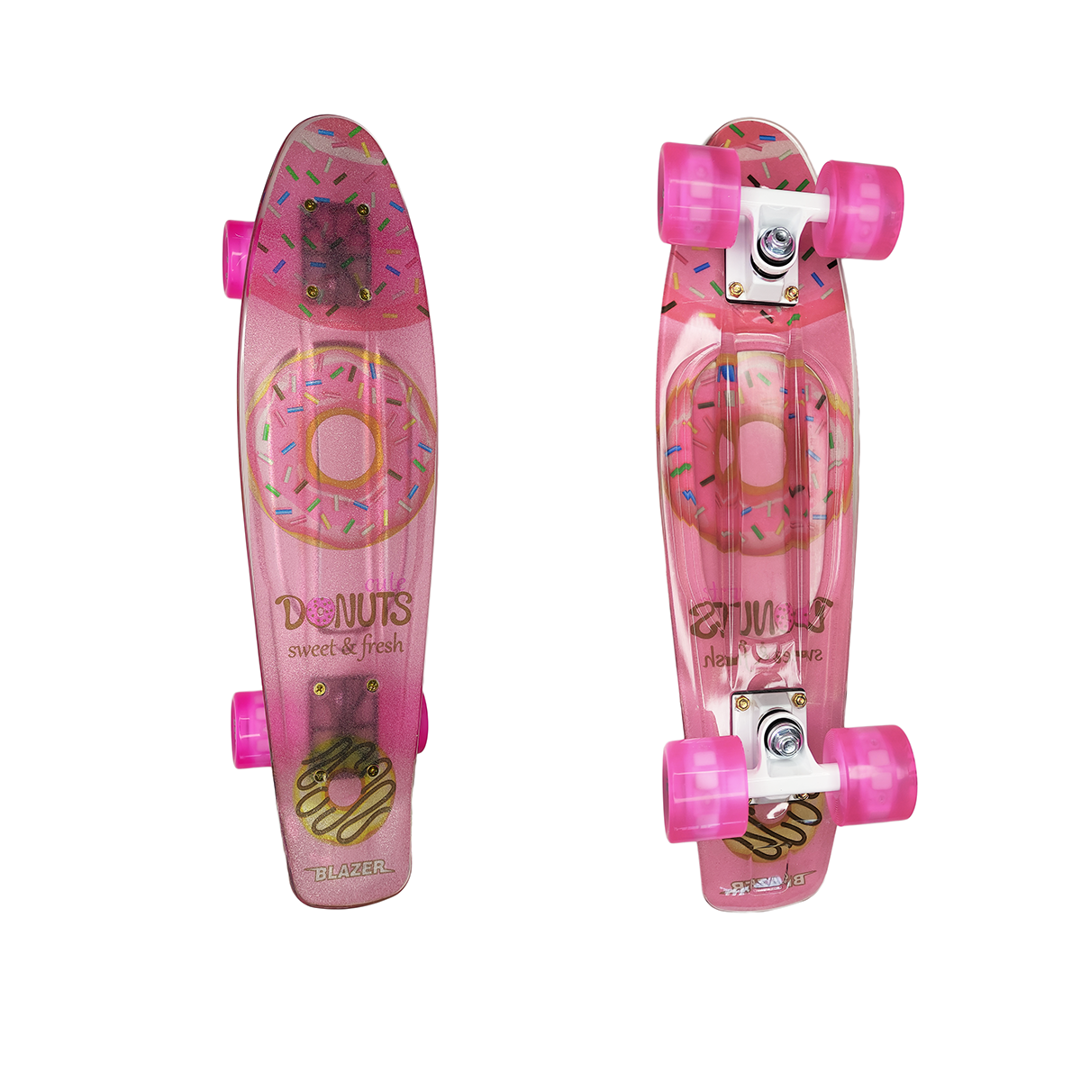 Penny Patineta Cruiser Dona Rosa Con Llantas Led Lija Transparente