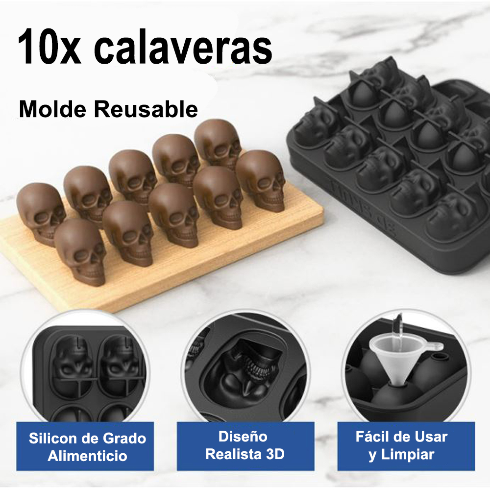 Moldes para Hielos 10 Calaveras 3D Moldes para Hielo de Silicon Fácil Desmoldeo Calavera 3d Silicona Halloween