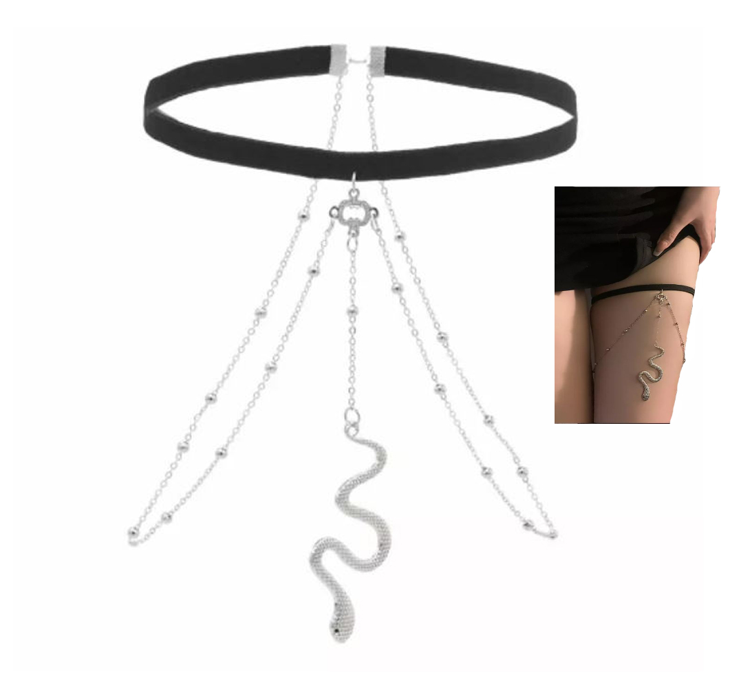 Cadena de Pierna para mujer, cadena muslo o cuerpo, liguero vibora serpiente color plateado