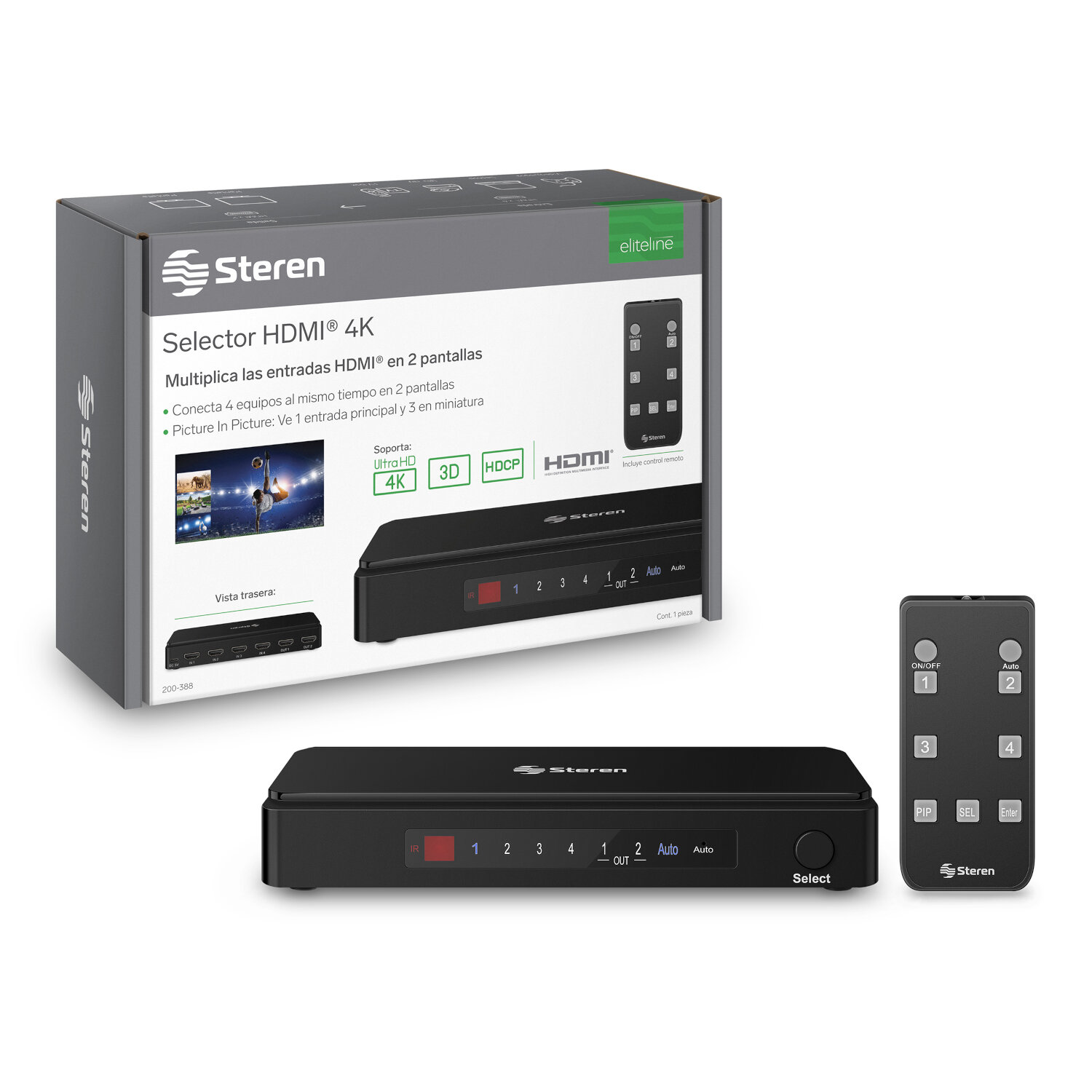 Steren Selector HDMI 4K de 4 entradas y 2 salidas, con control remoto y función PIP (Picture In Pict