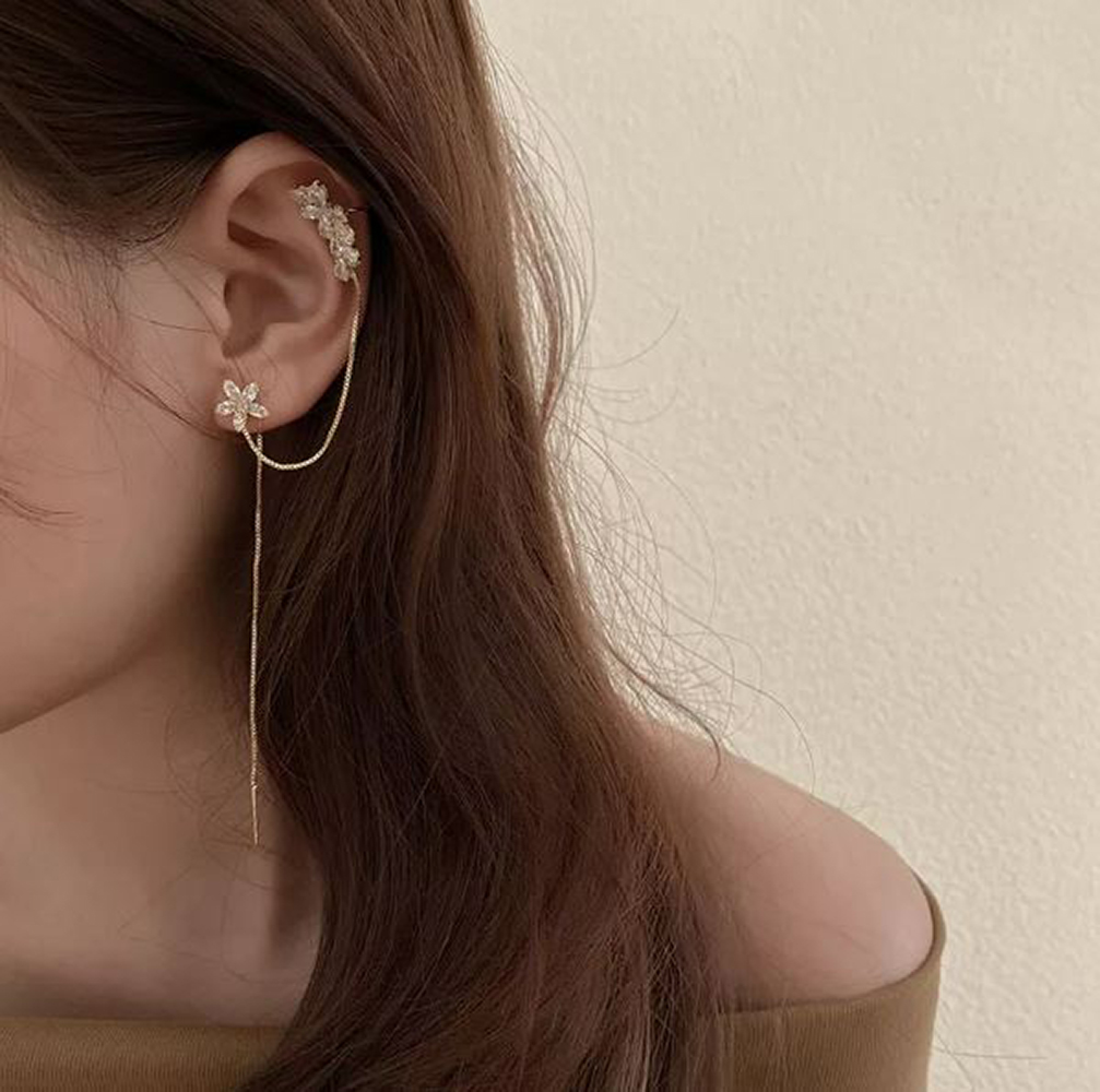 Arete trepador Clip Oreja Cruzado Largo Zirconia Y Acero Flower Clip Arete largo de Flor y Hoja