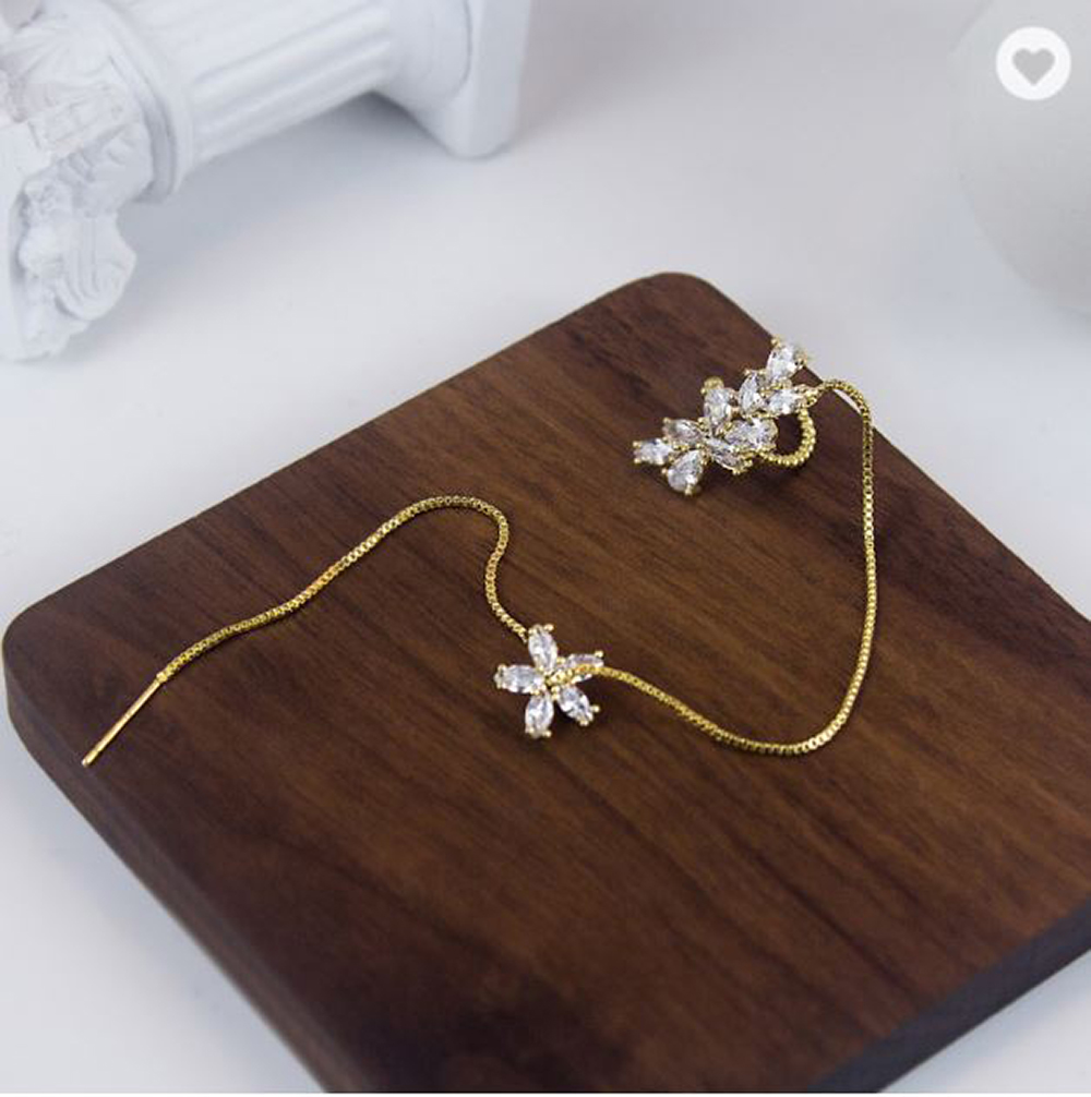 Arete trepador Clip Oreja Cruzado Largo Zirconia Y Acero Flower Clip Arete largo de Flor y Hoja