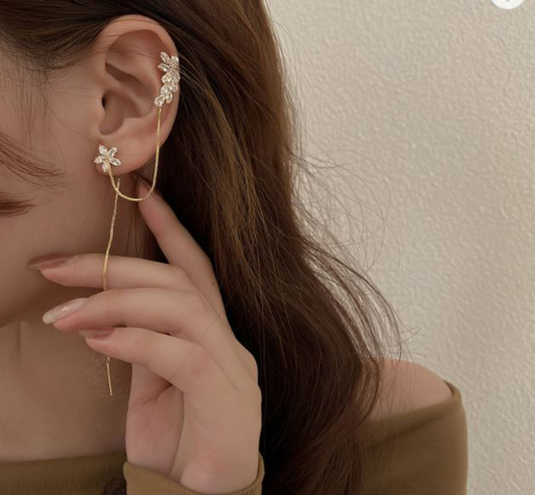 Arete trepador Clip Oreja Cruzado Largo Zirconia Y Acero Flower Clip Arete largo de Flor y Hoja