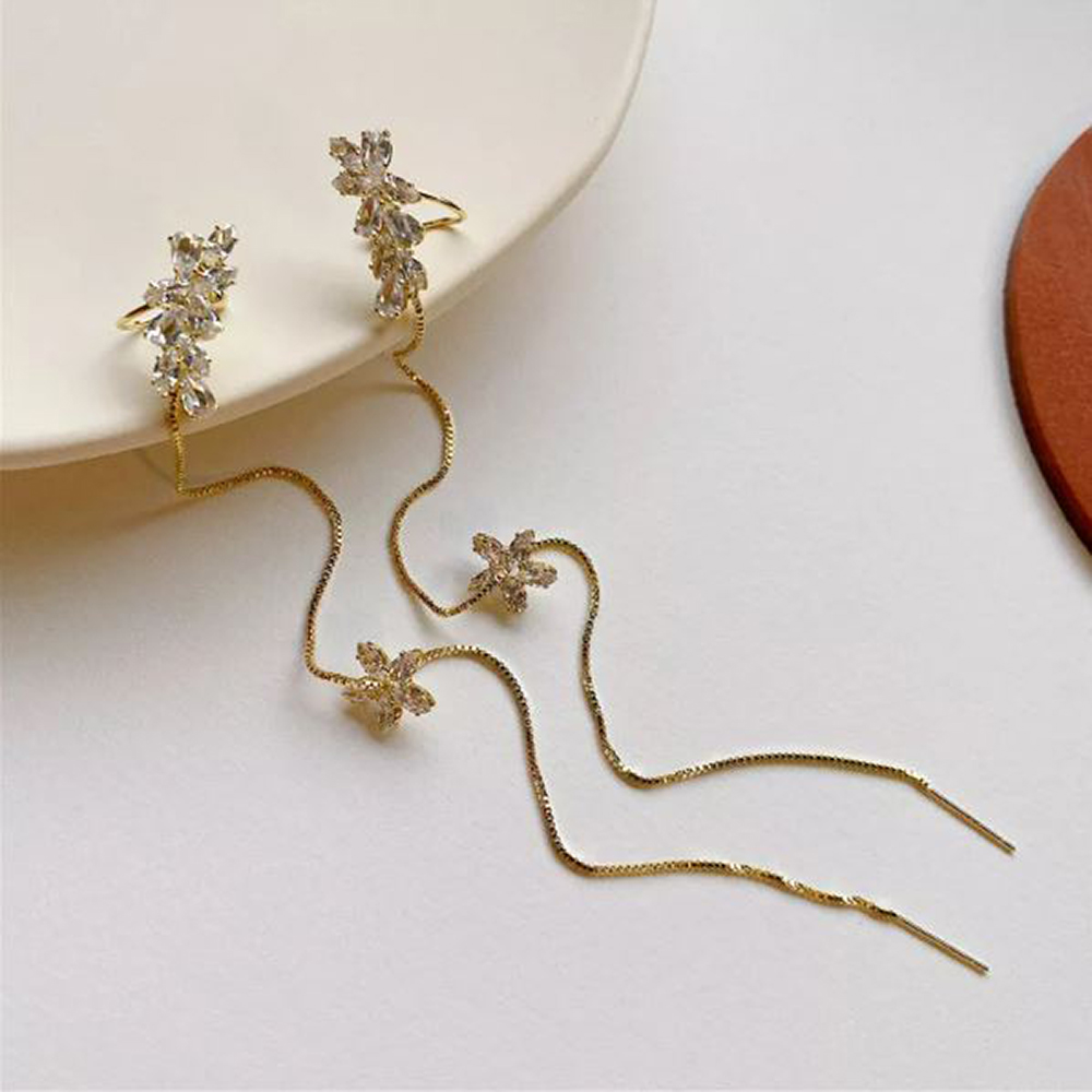 Arete trepador Clip Oreja Cruzado Largo Zirconia Y Acero Flower Clip Arete largo de Flor y Hoja