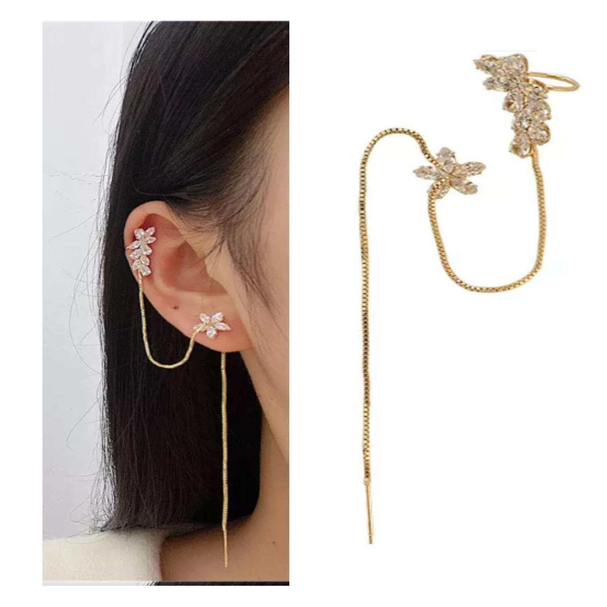 Arete trepador Clip Oreja Cruzado Largo Zirconia Y Acero Flower Clip Arete largo de Flor y Hoja