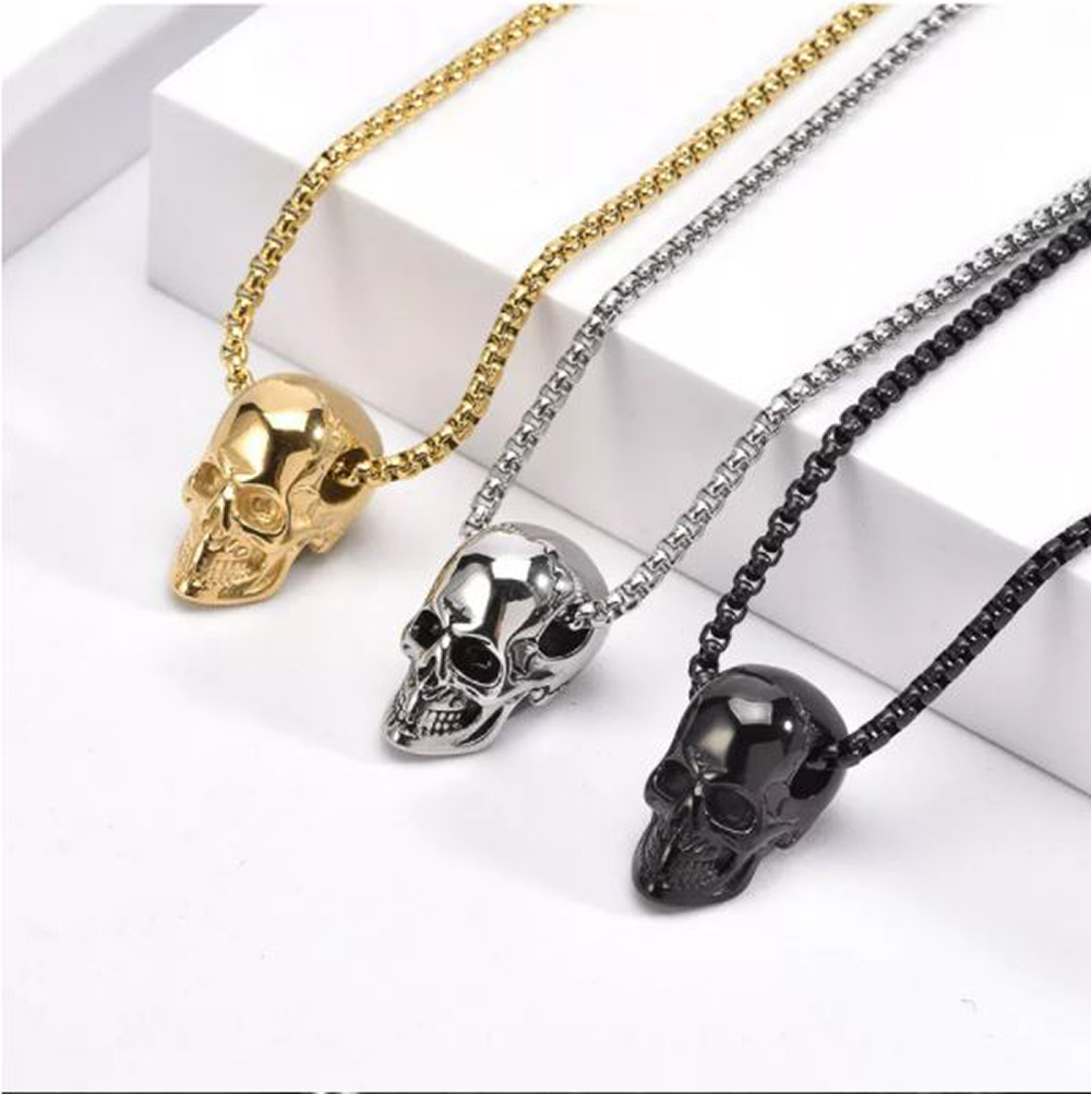Collar Cadena Cráneo Calavera Skull Santa Muerte Death Acero Inoxidable color oro dorado