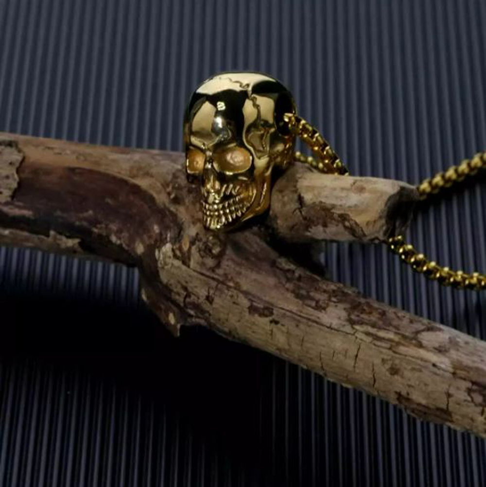 Collar Cadena Cráneo Calavera Skull Santa Muerte Death Acero Inoxidable color oro dorado