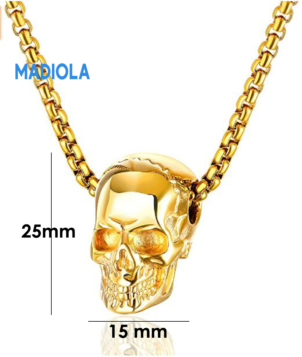 Collar Cadena Cráneo Calavera Skull Santa Muerte Death Acero Inoxidable color oro dorado