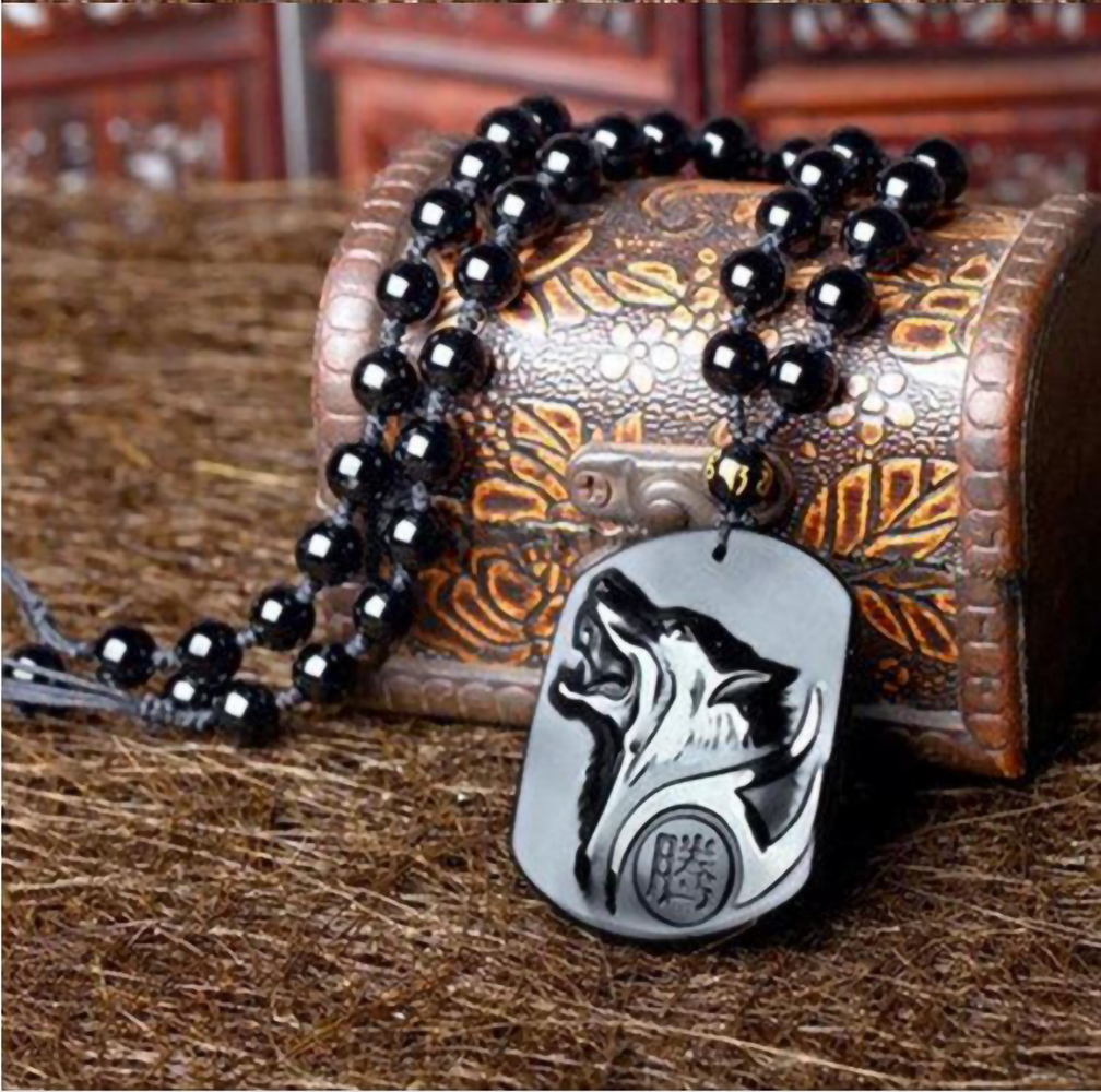Collar de Obsidiana Cabeza de Lobo Vikingo. Amuleto Proteccion Suerte y Fortuna