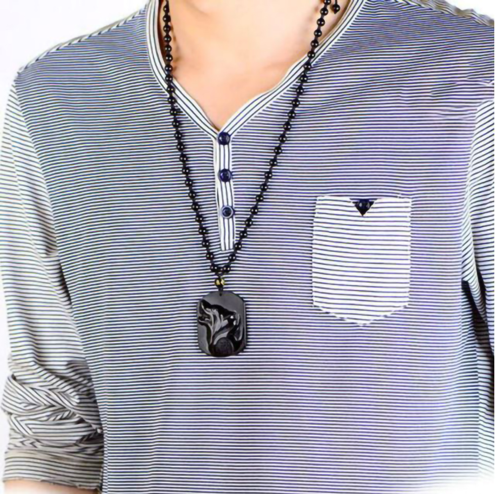 Collar de Obsidiana Cabeza de Lobo Vikingo. Amuleto Proteccion Suerte y Fortuna