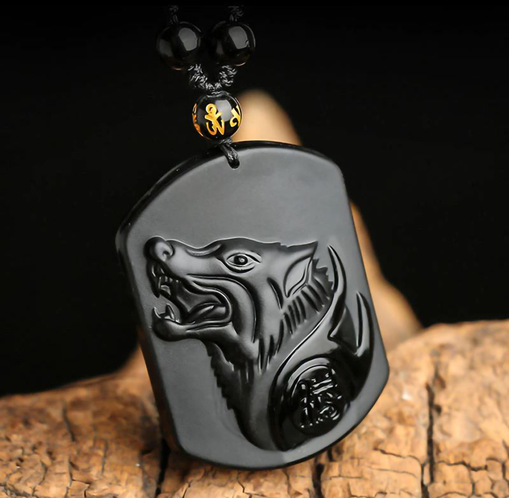 Collar de Obsidiana Cabeza de Lobo Vikingo. Amuleto Proteccion Suerte y Fortuna