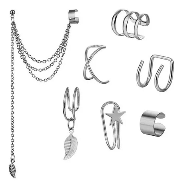 7 Clips Para Oreja Aretes Broqueles Largos Color Plata 