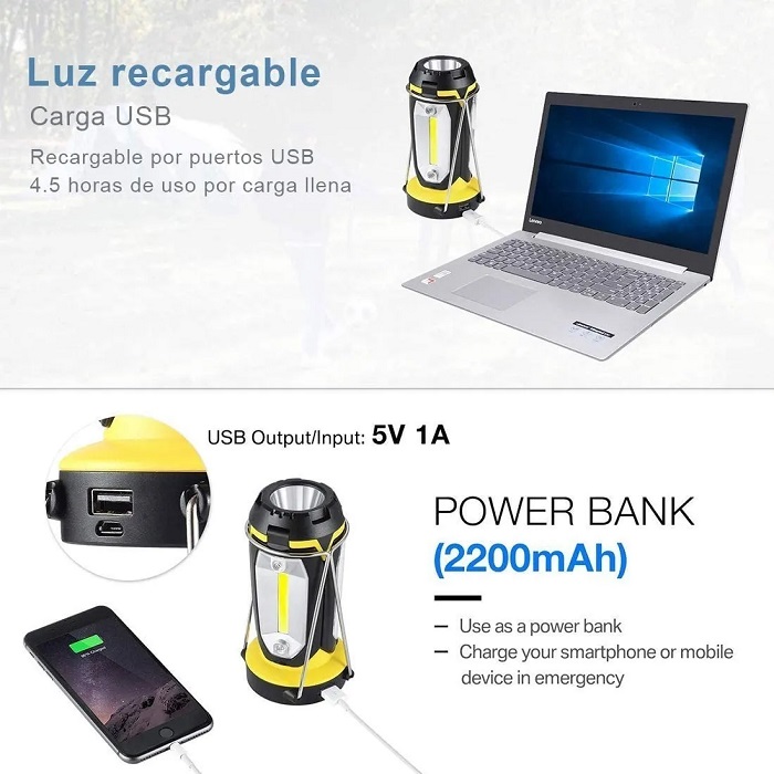 Luz De Camping De 300 Lm Lampara Para Acampar Recargable Usb
