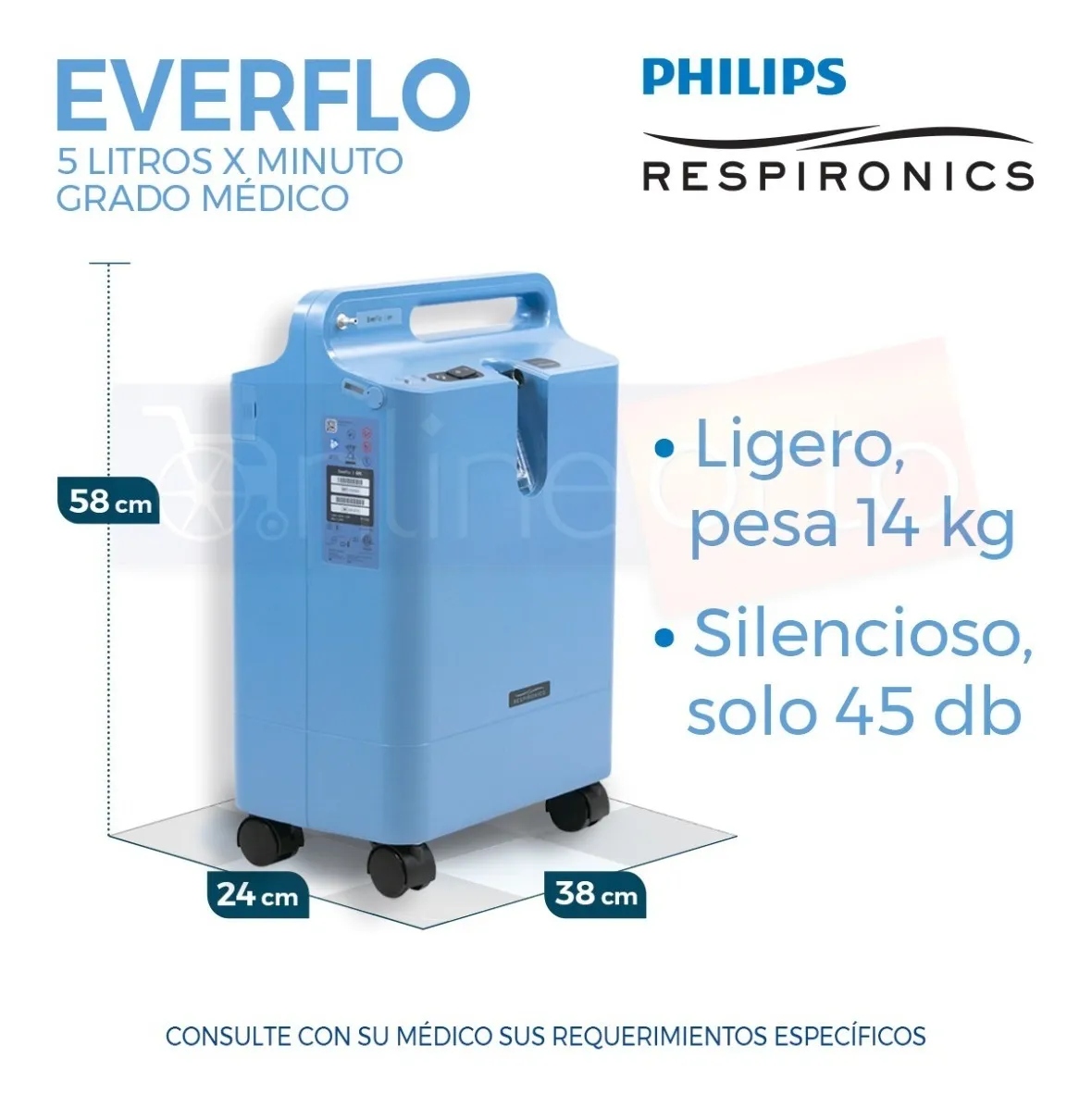 CONCENTRADOR DE OXÍGENO 5LTS PHILIPS RESPIRONICS + OXIMETRO