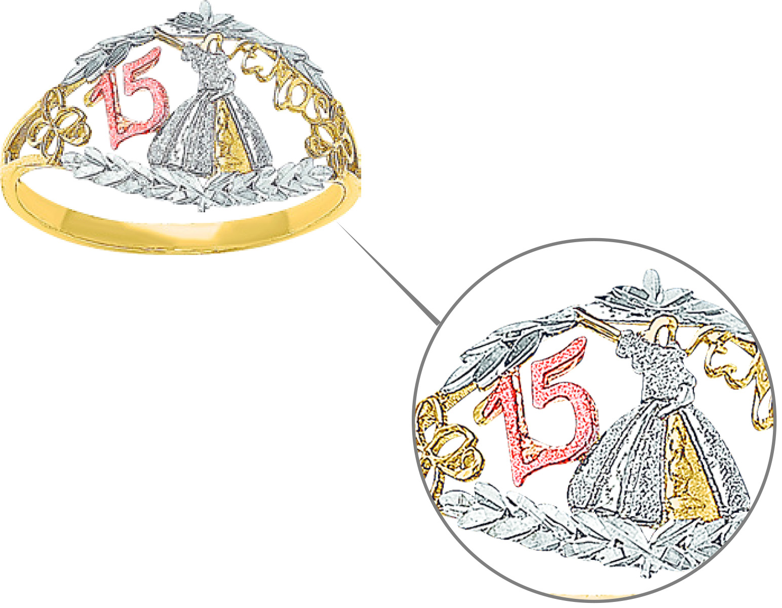 Anillo Quinceañera Vestido 3 Col Oro 10K - 687.