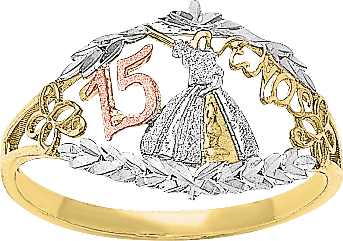 Anillo Quinceañera Vestido 3 Col Oro 10K - 687.