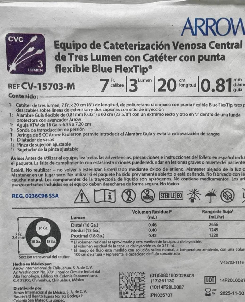 Catéter venoso central 7fr 3 LUMEN 