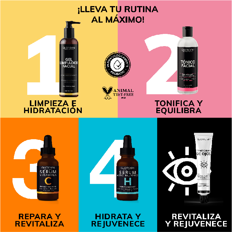 Kit Limpiador + Tónico + Serum Vitamina C + Suero Acido Hialuronico + Gel Contorno de Ojos Skin Care Facial Quotidien