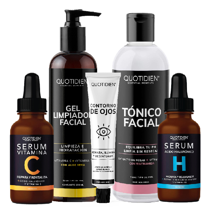Kit Limpiador + Tónico + Serum Vitamina C + Suero Acido Hialuronico + Gel Contorno de Ojos Skin Care Facial Quotidien