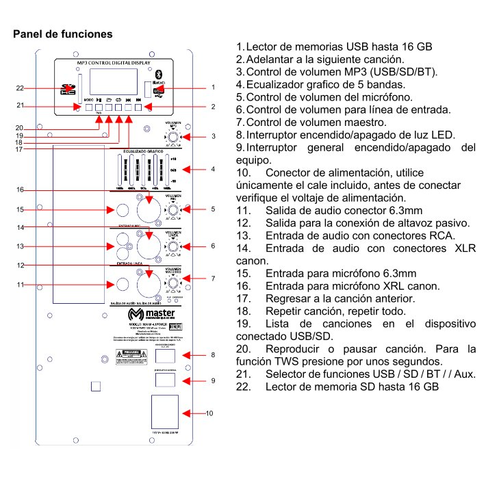 Bafle Amplificado 15" 8000 Watts con Sistema De Luces Incorporadas / Master / MAHM-4.1POWER