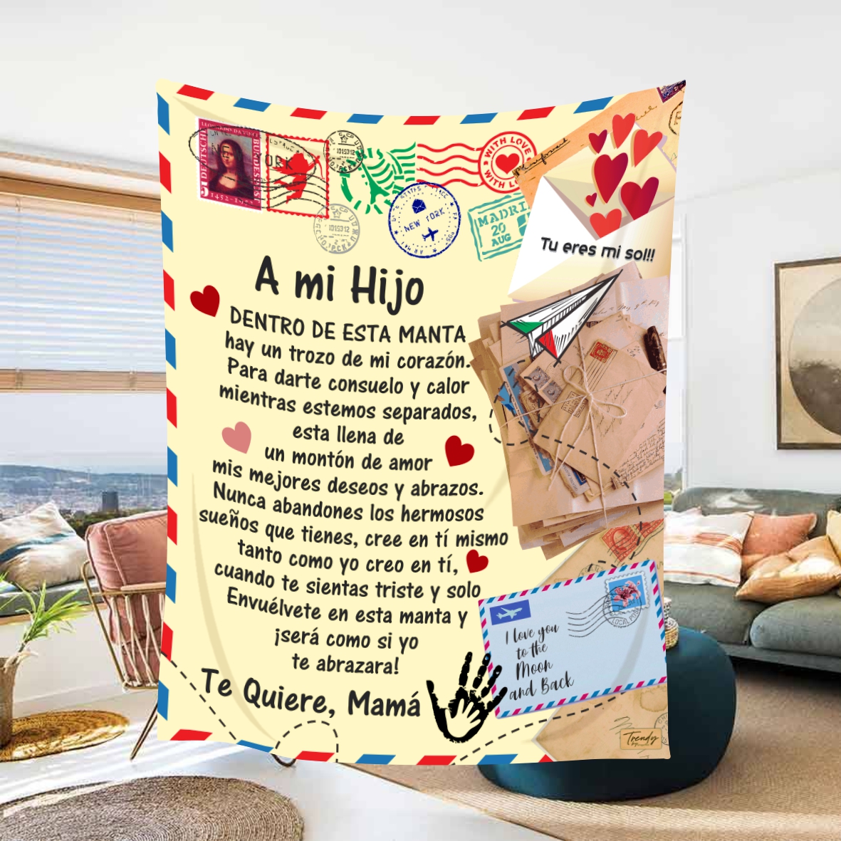 Manta De Polar Con Mensaje Abrazo A Mi Hijo de Mamá 1.50 X 1.80 Mt.