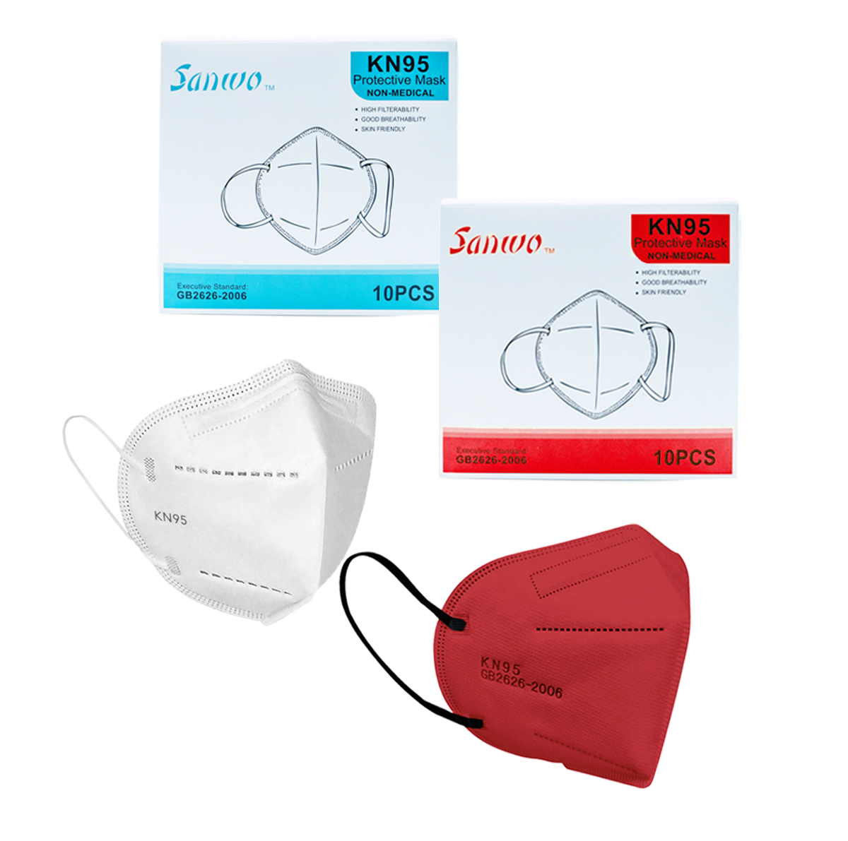 Cubrebocas KN95 Promocion Sanwo 100 piezas 50 color blanco 50 Rojo liso Mayoreo