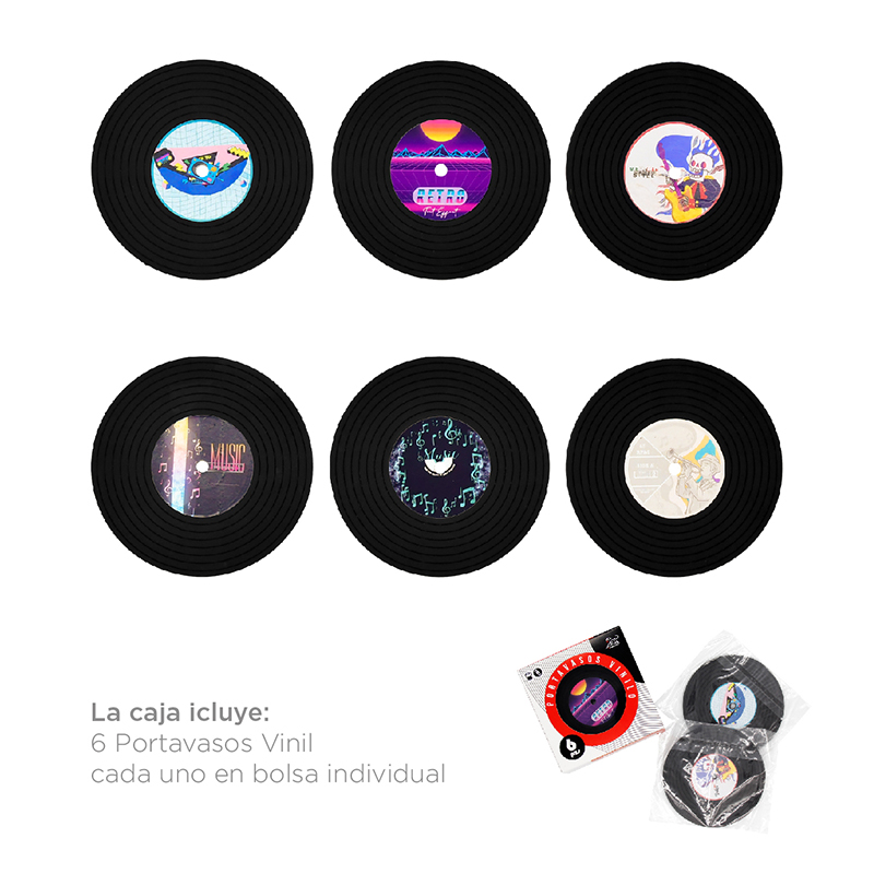 Portavasos para Mesa, Antideslizantes, Diseño Disco de Vinilo Retro, 6 piezas, Marca Red Baboon