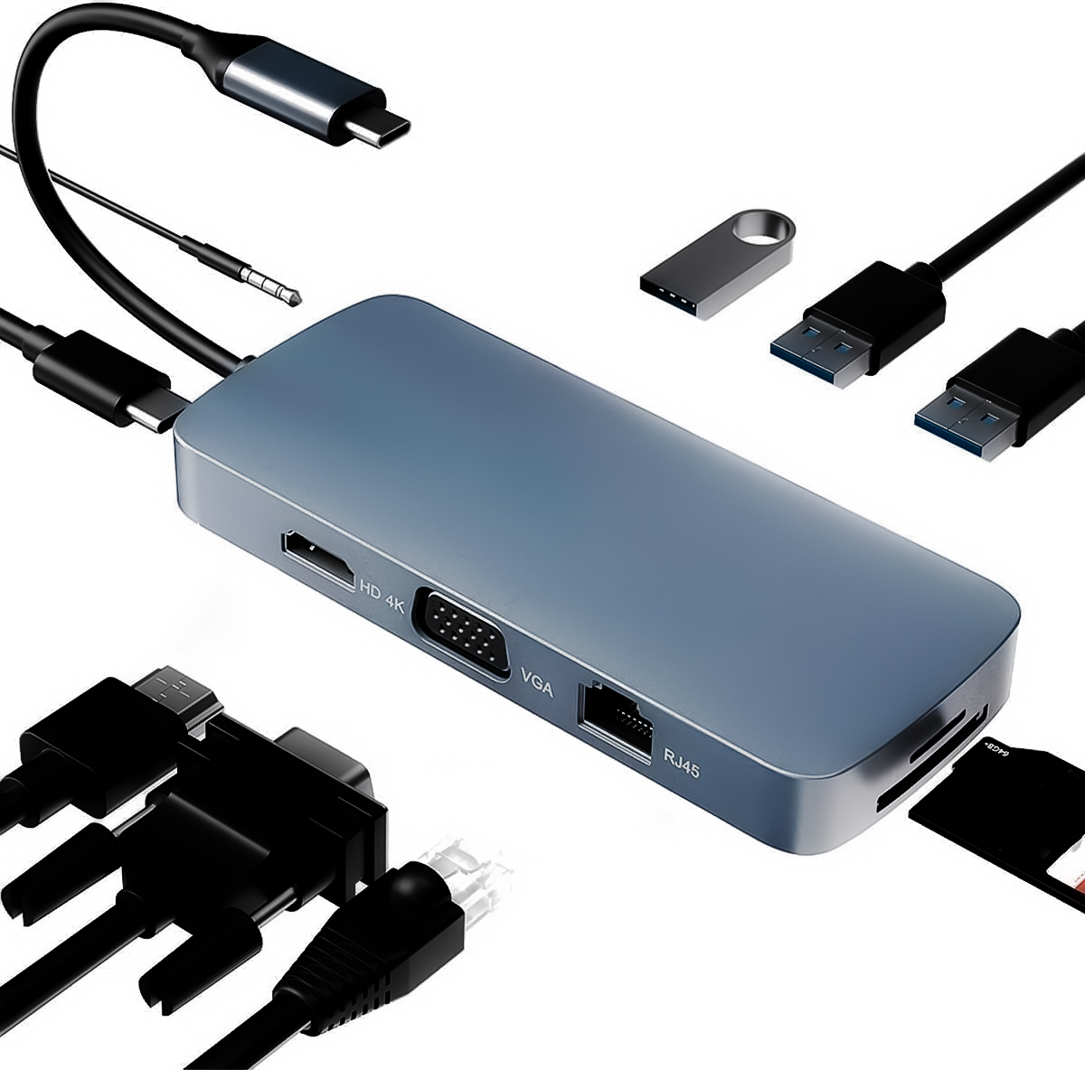 Adaptador USB C 10 en 1 , HDTV, USB, Ethernet, Lector de tarjetas SD/TF, VGA,1080P, admite pantalla simultánea HDMI + VGA, la misma resolución de pantalla es 1080P