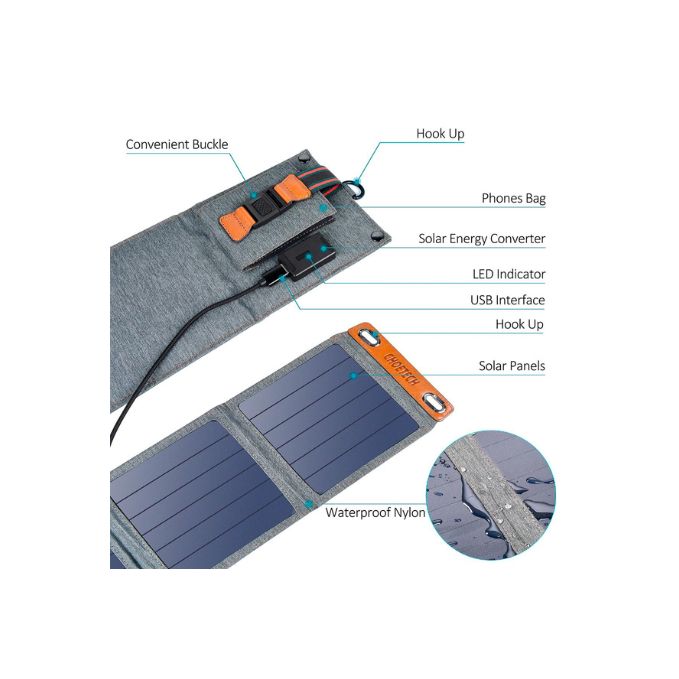 Cargador Portatil con Paneles Solares Dos Salidas 14W.