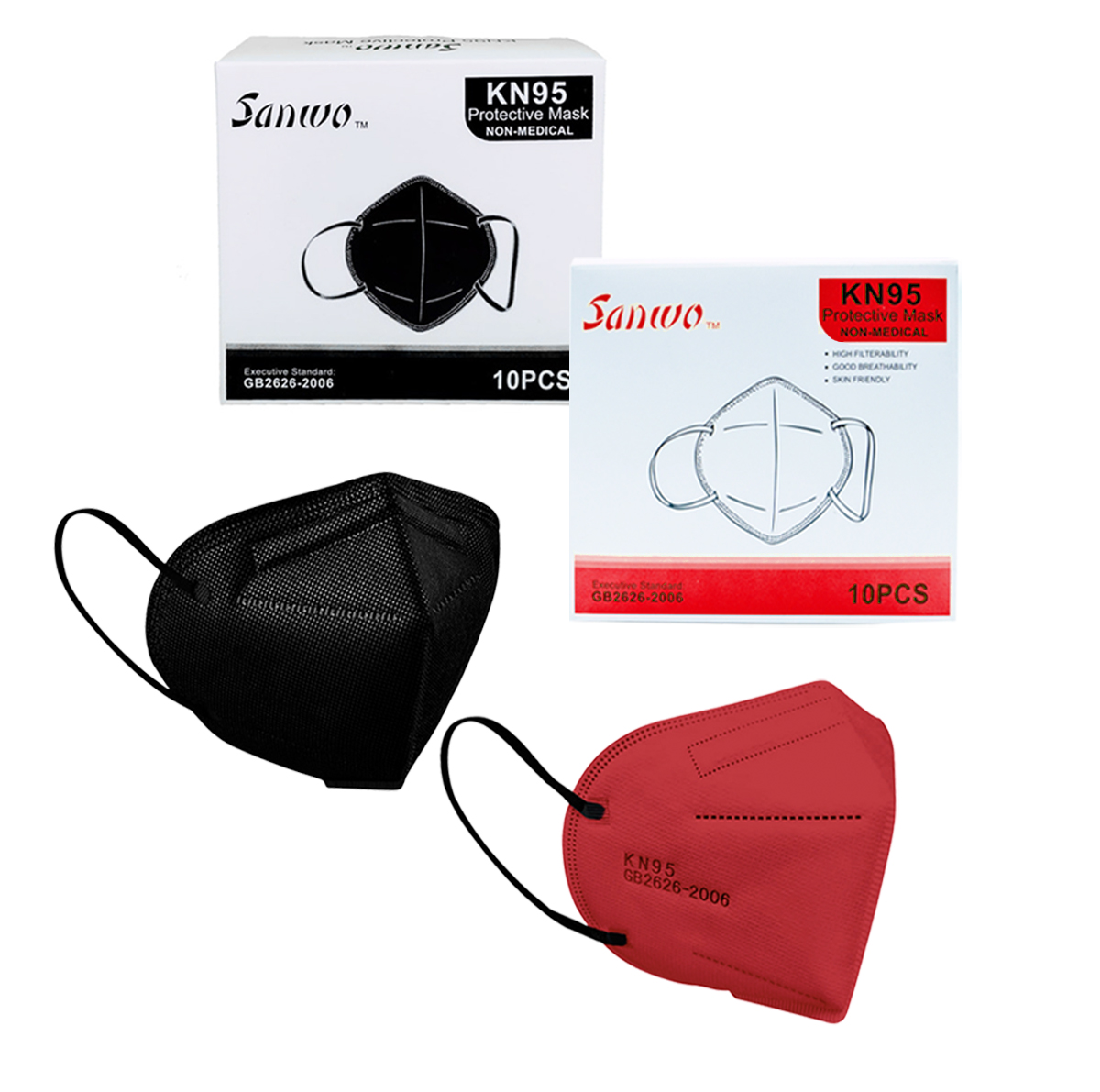 Cubrebocas KN95 Promocion Sanwo 60 piezas 30 color negro 30 rojo liso Mayoreo