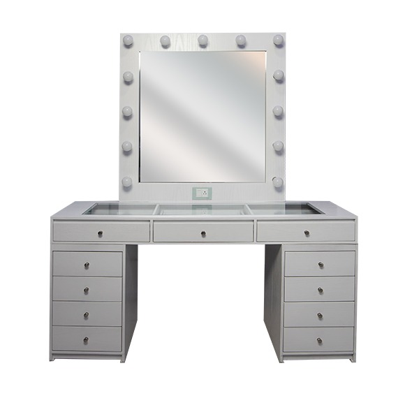 Tocador sofisticado con espejo, con iluminación led de 13 focos ahorradores, con separadores movibles, enchufe y apagador Hollywood.