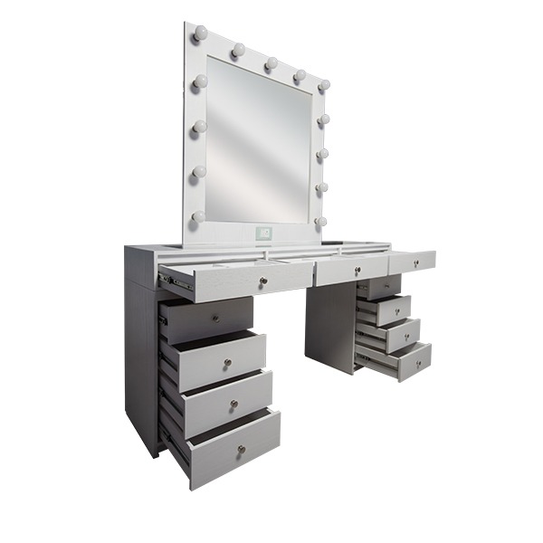Tocador sofisticado con espejo, con iluminación led de 13 focos ahorradores, con separadores movibles, enchufe y apagador Hollywood.