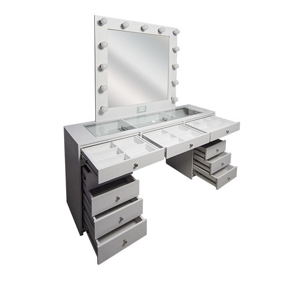 Tocador sofisticado con espejo, con iluminación led de 13 focos ahorradores, con separadores movibles, enchufe y apagador Hollywood.