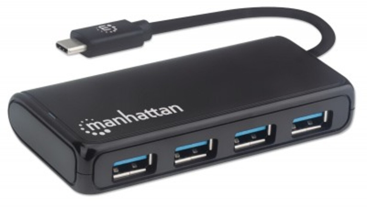 MANHATTAN Hub USB 4 Porte, 1x USB 3.0 SuperSpeed E 3x USB 2.0, Alimentato Dal Bus, Plug & Play, Nero, Dimensioni Compatte 6,5x2x2,2 Cm