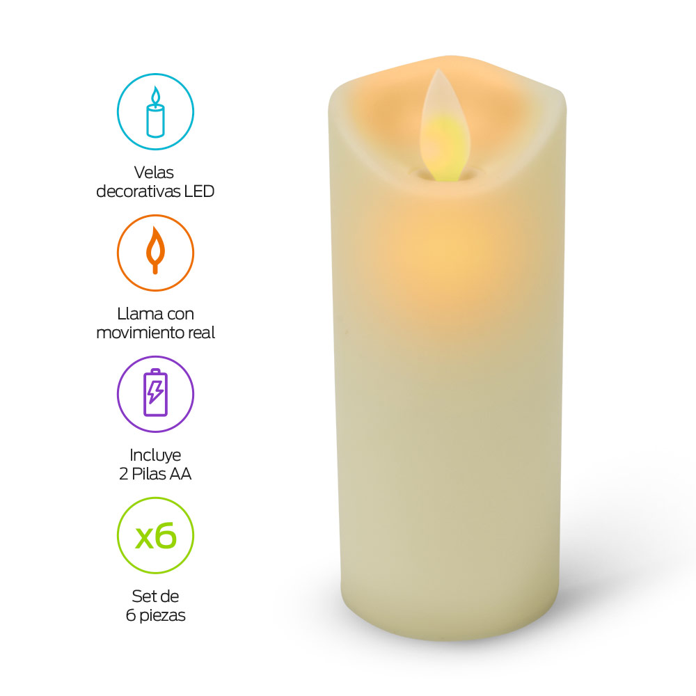 Paquete de 6 Velas LED Largas Flama Realista Pilas Redlemon