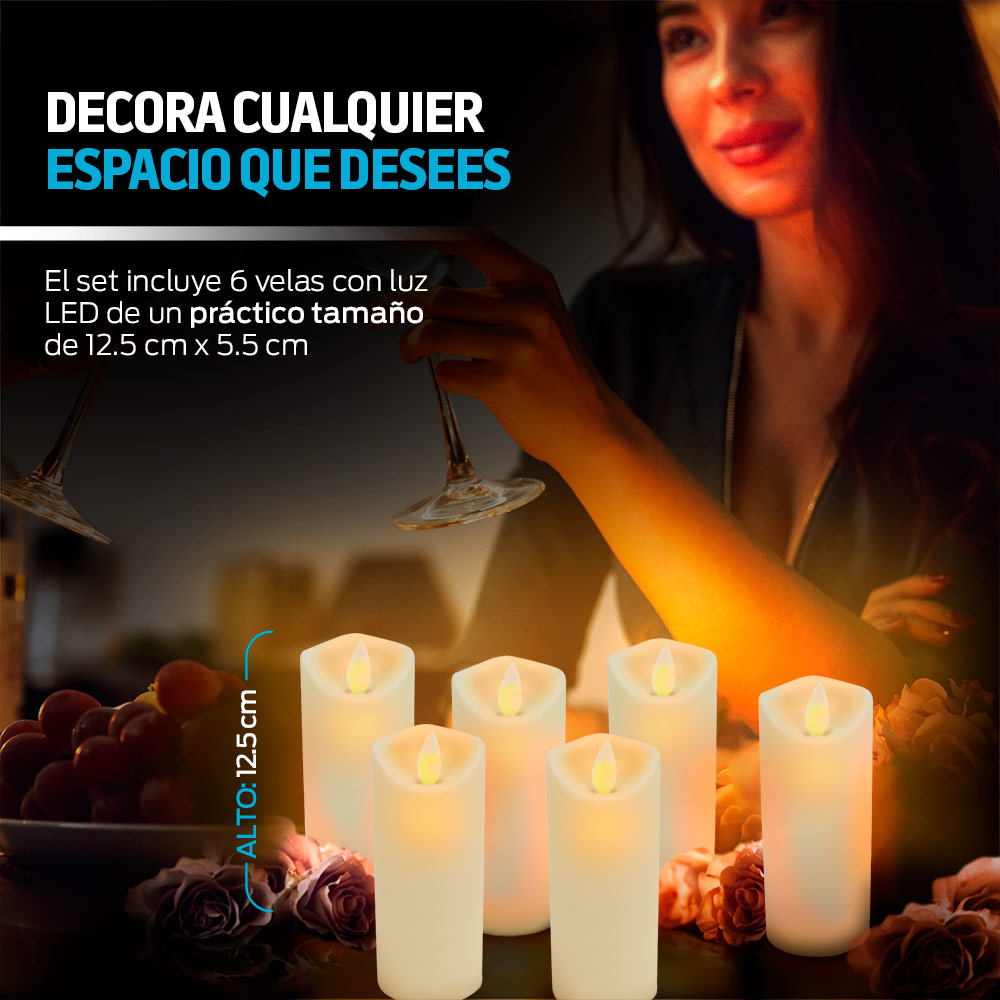 Paquete de 6 Velas LED Largas Flama Realista Pilas Redlemon