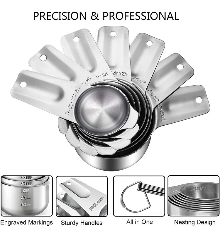 Juego De Tazas Y Cucharas Medidoras De Acero Inoxidable
