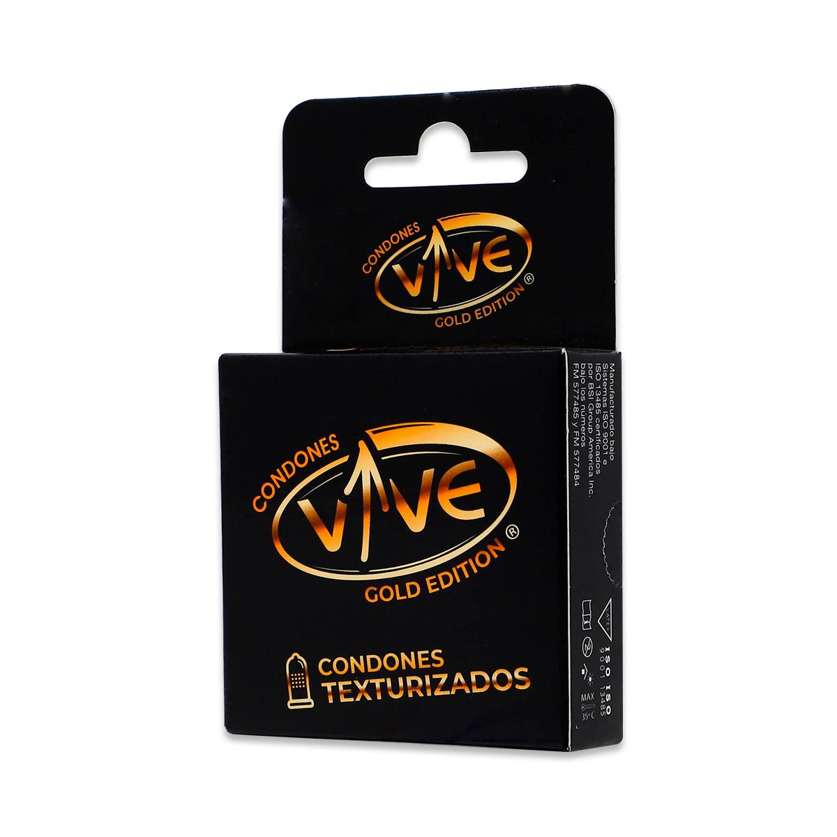 Condones Vive Gold, 3 Condones Texturizados Lubricados 