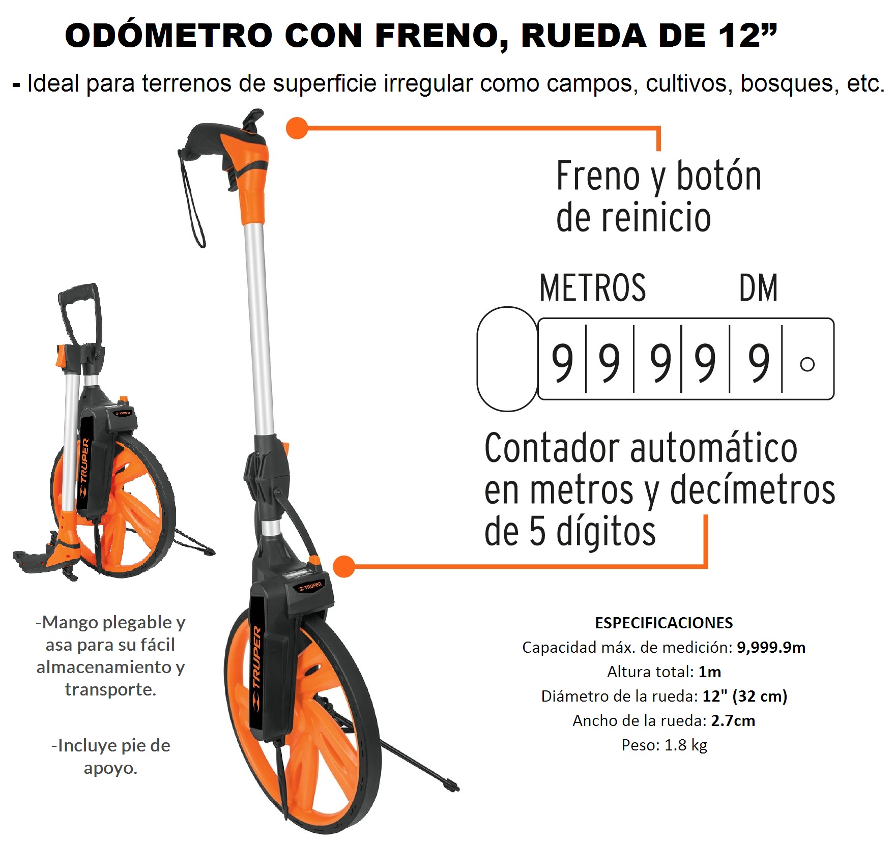 Odómetro 12"(32cm) con freno, TRUPER Modelo: ODM-12.