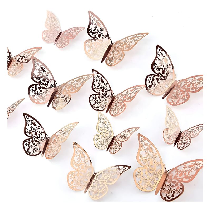 24pcs Mariposas Decorativas Pegatina De Pared 3d Oro Rosa