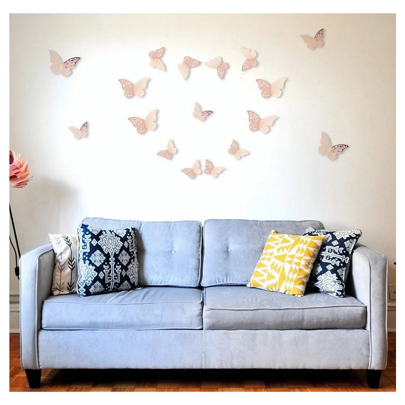 24pcs Mariposas Decorativas Pegatina De Pared 3d Oro Rosa