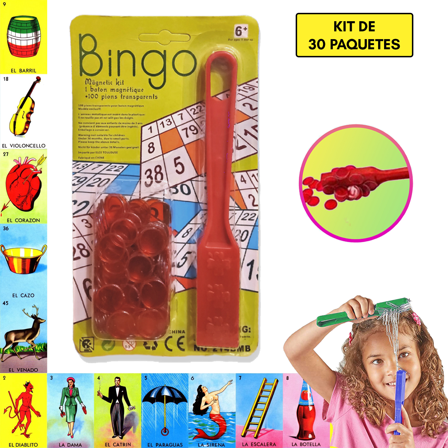 30 Palas Magnéticas con 3000 Fichas para Lotería, Bingo o Educación Montessori