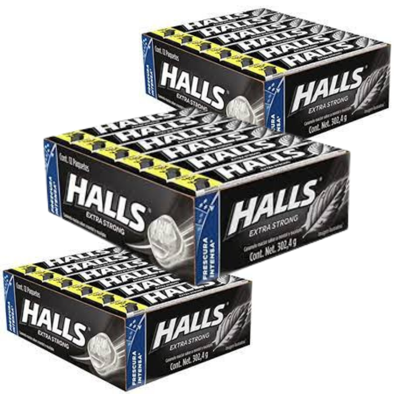 Paquete 4 Caramelo Halls Extra Strong 12 piezas c/u