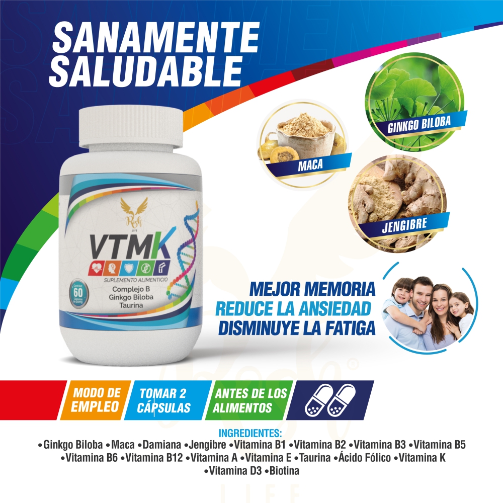  VTMK, Ginkgo biloba, maca, damiana, jengibre, vitamina B1,Multivitaminico para Hombre y mujer Vitaminas 60 caps