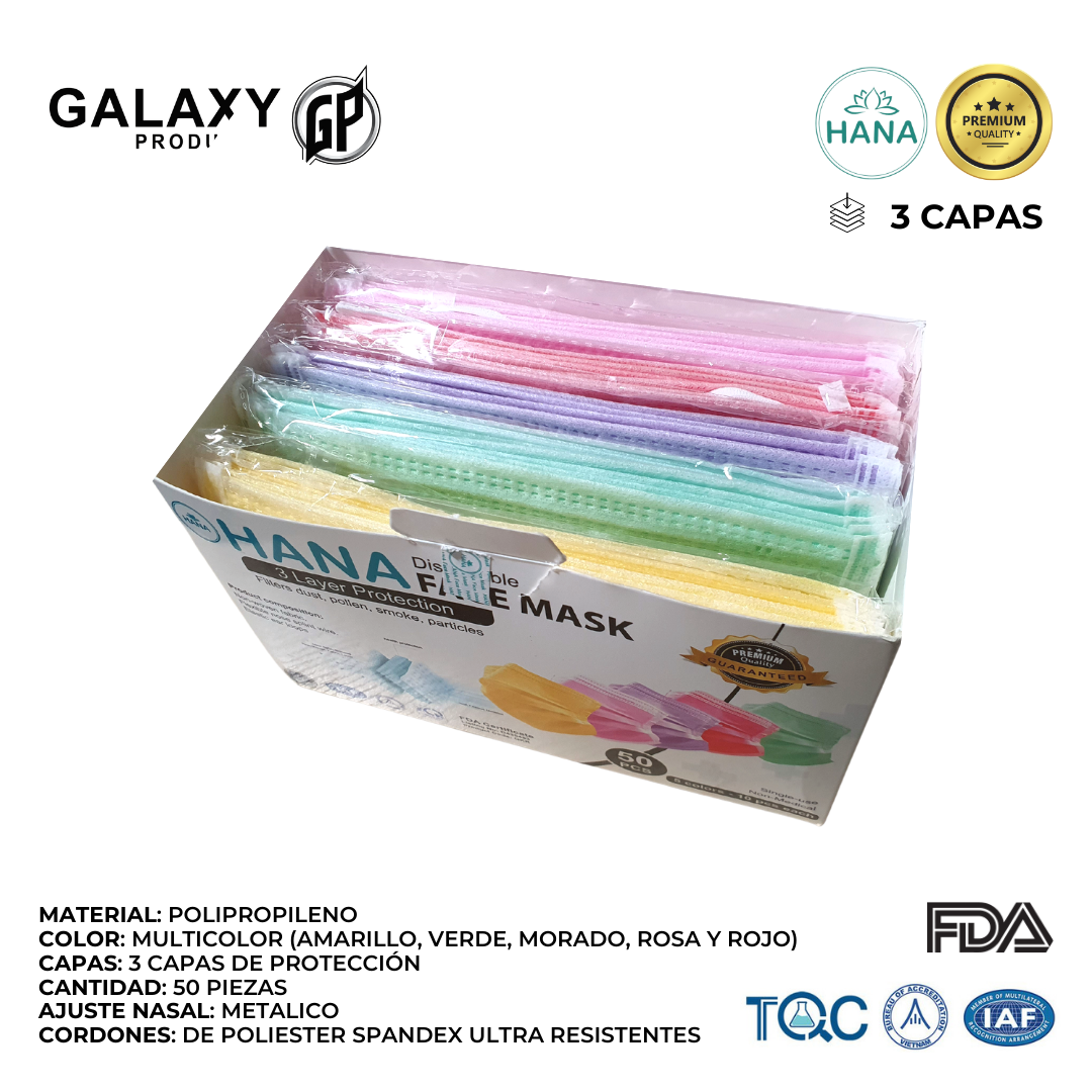 Cubrebocas Desechable HANA Colores Arcoíris, Calidad Premium, Mascarilla de Protección