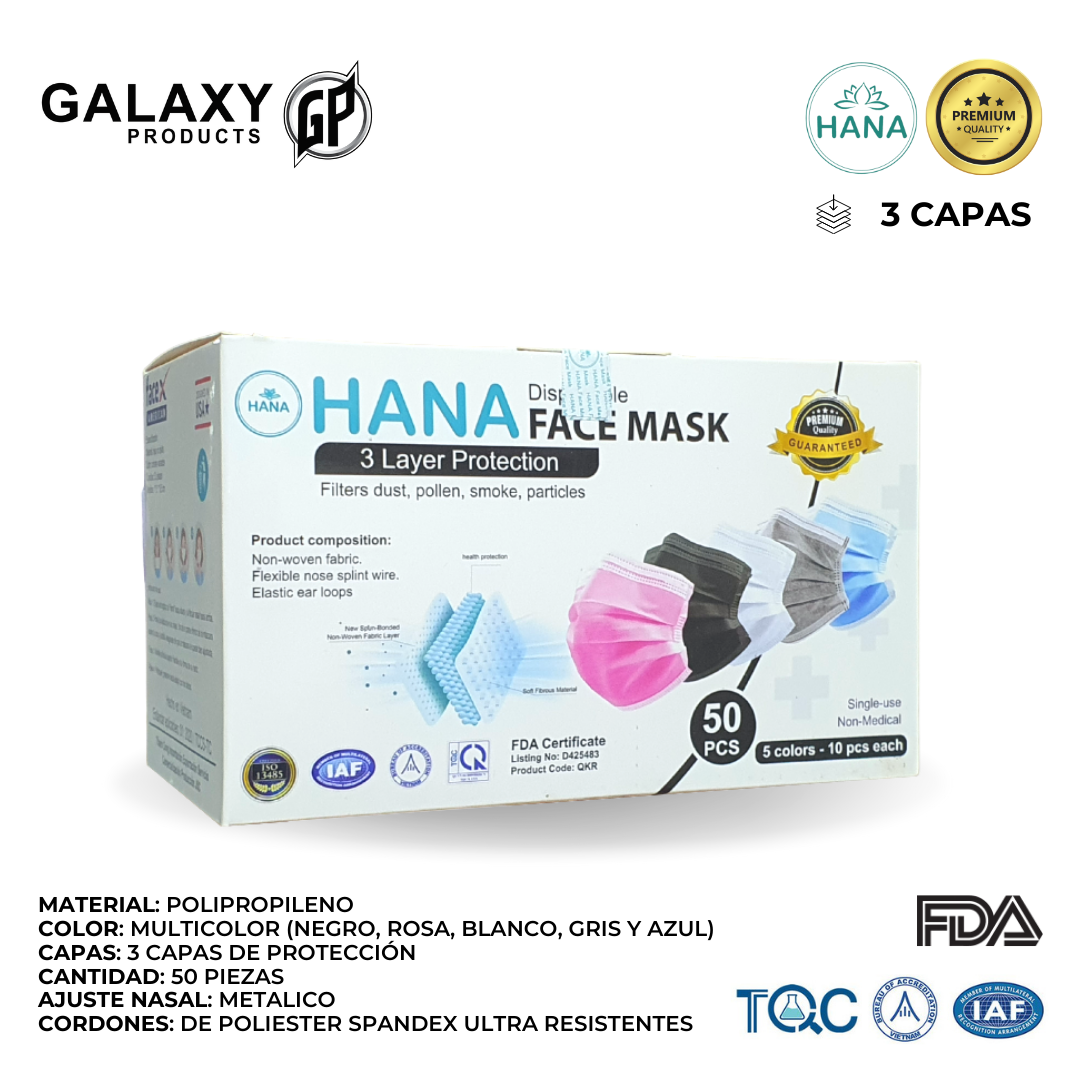 Cubrebocas Desechable HANA Colores Formal, Calidad Premium, Mascarilla de Protección