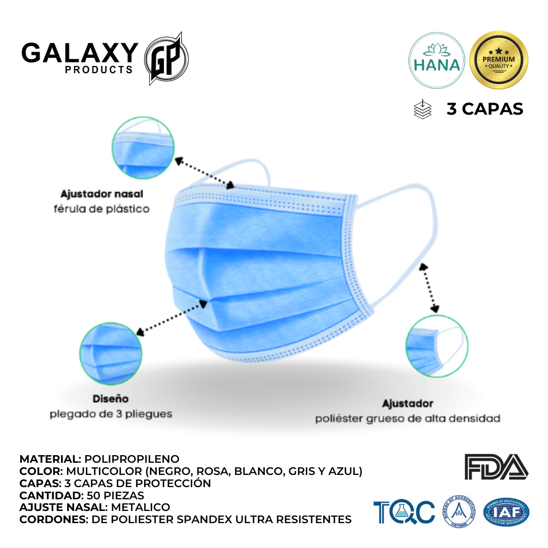Cubrebocas Desechable HANA Colores Formal, Calidad Premium, Mascarilla de Protección