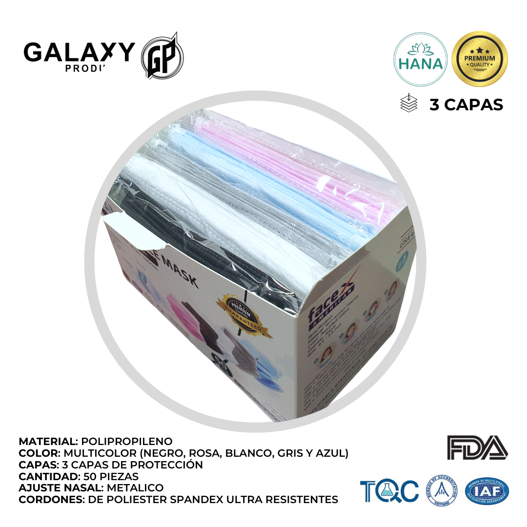 Cubrebocas Desechable HANA Colores Formal, Calidad Premium, Mascarilla de Protección